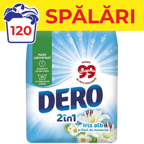 Detergent de rufe pudră Dero Iris alb 9kg 120 spalari